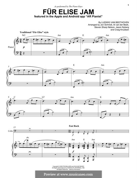 For Elise (Printable Scores), WoO 59: For cello and piano (The Piano Guys) by Ludwig van Beethoven