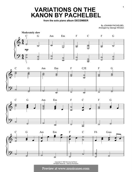 Piano version: For a single performer by Johann Pachelbel