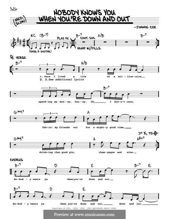 Nobody Knows You When You're Down and Out: Melody line by Jimmie Cox