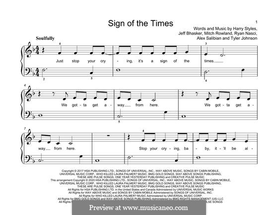 Sign of the Times: For easy piano by Jeff Bhasker, Harry Styles, Tyler Sam Johnson, Alex Salibian, Mitch Rowland, Ryan Nasci
