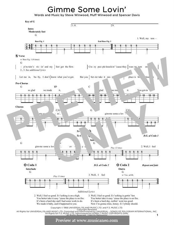 Gimme Some Lovin' (The Spencer Davis Group): For bass guitar with tab by Muff Winwood, Spencer Davis, Steve Winwood