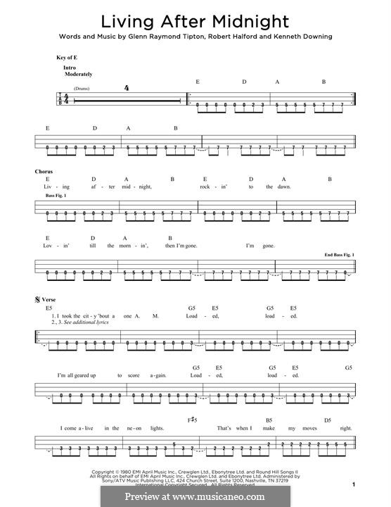 Living After Midnight (Judas Priest): For bass guitar by Glenn Tipton, K. K. Downing, Robert Halford