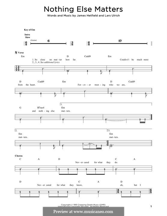 Nothing Else Matters (Metallica): For bass guitar with tab by James Hetfield, Lars Ulrich