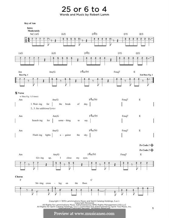 25 or 6 to 4 (Chicago): For bass guitar with tab by Robert Lamm