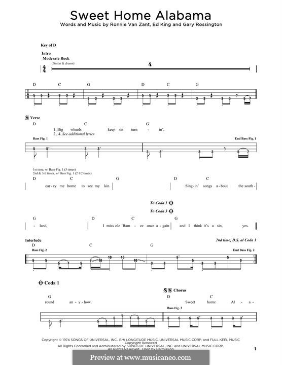 Sweet Home Alabama (Lynyrd Skynyrd): For bass guitar with tab by Ed King, Gary Rossington, Ronnie Van Zant