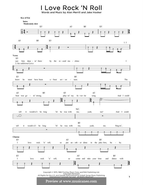 I Love Rock 'n Roll: For bass guitar with tab by Alan Merrill, Jake Hooker