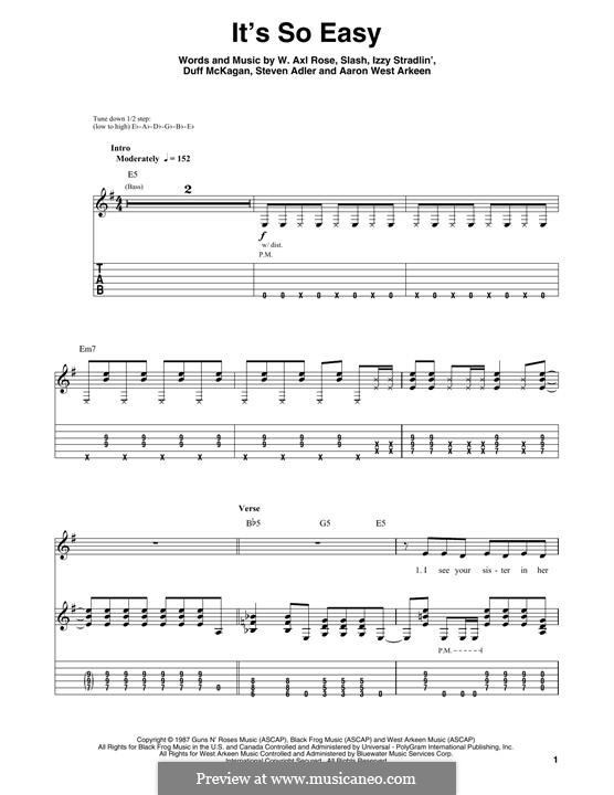 It's So Easy (Guns N' Roses): For guitar by Slash, W. Axl Rose, Duff McKagan, Izzy Stradlin, Steven Adler, West Arkeen