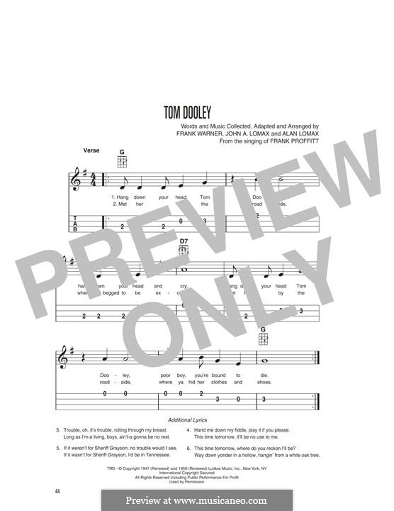 Tom Dooley (Kingston Trio): For ukulele by Alan Lomax, John A. Lomax, Frank Warner