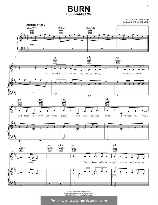 Burn (from Hamilton): For voice and piano (or guitar) by Lin-Manuel Miranda