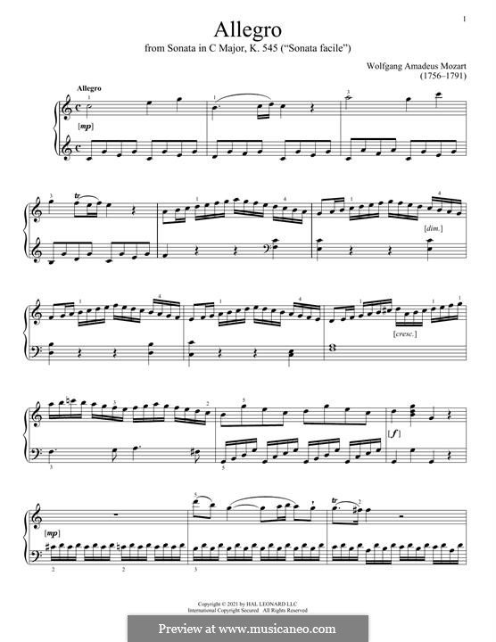 Sonata for Piano No.16 in C Major, K.545: Movement I by Wolfgang Amadeus Mozart