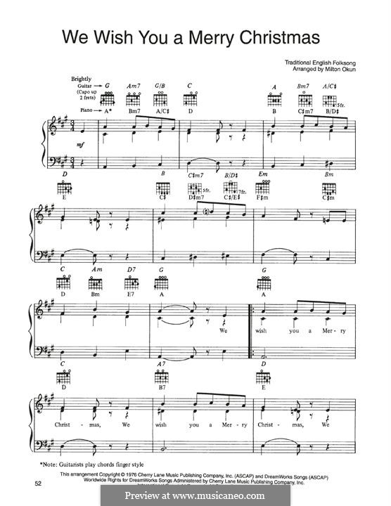We Wish You a Merry Christmas (Printable Scores): For voice and piano (or guitar) by folklore