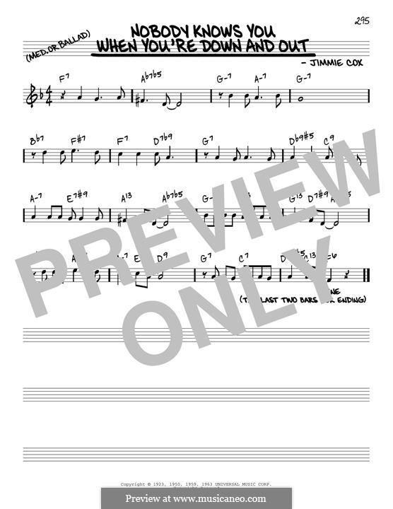 Nobody Knows You When You're Down and Out: Melody line (reharmonized version) by Jimmie Cox