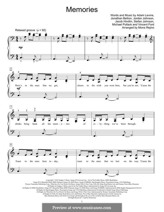 Memories (Maroon 5): For piano by Adam Levine, Jacob Kasher Hindlin, Vincent Ford, Jonathan Bellion, Stefan Johnson, Michael Pollack