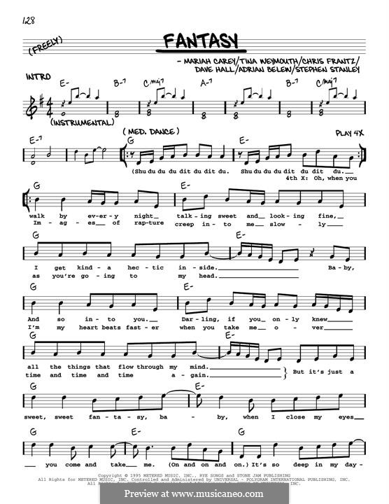 Fantasy (Mariah Carey): Melody line by Adrian Belew, Christopher Frantz, Dave Hall, Mariah Carey, Tina Weymouth, Steven Stanley