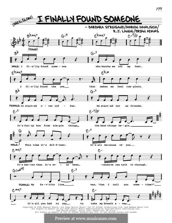 I Finally Found Someone (from The Mirror Has Two Faces): Melody line by Barbra Streisand, Bryan Adams, Marvin Hamlisch, Robert John Lange