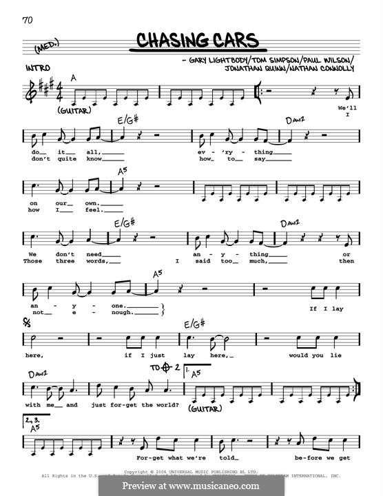 Chasing Cars (Snow Patrol): Melody line by Gary Lightbody, Jonathan Quinn, Nathan Connolly, Paul Wilson, Tom Simpson