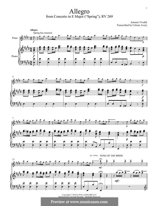 Violin Concerto No.1 in E Major 'La primavera' (Printable Scores), RV 269: Movement 1 Allegro, for flute and piano by Antonio Vivaldi