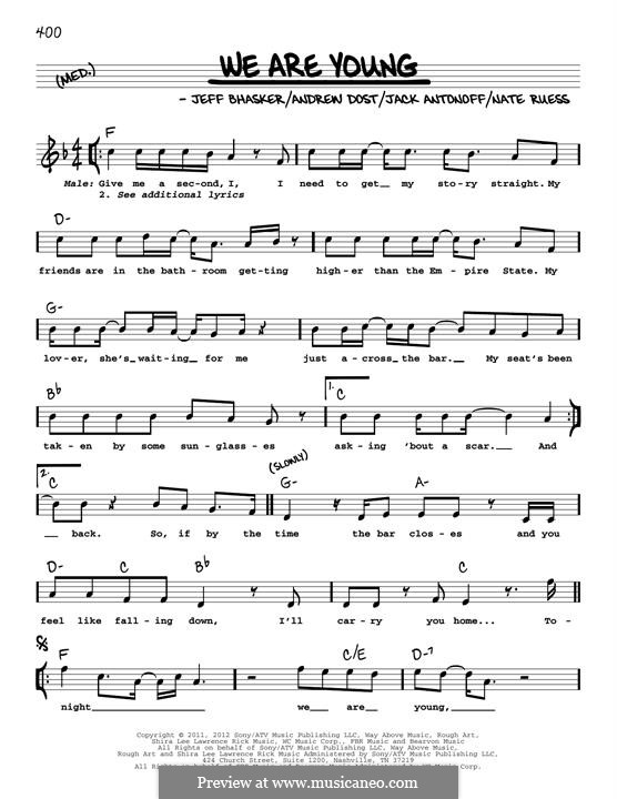 We Are Young: Melody line by Jeff Bhasker, Jack Antonoff, Andrew Dost, Nathaniel Ruess