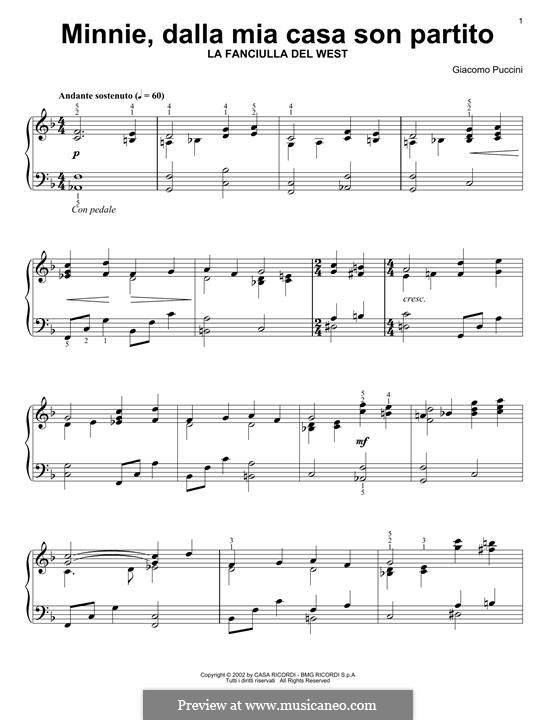 La fanciulla del West (The Girl of the West): Minne, dalla mia casa son partito, for piano by Giacomo Puccini