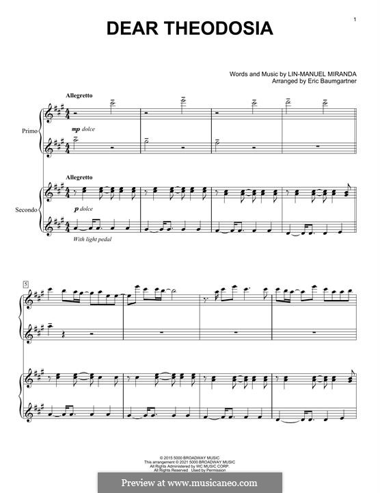 Dear Theodosia (from Hamilton): For piano four hands by Lin-Manuel Miranda