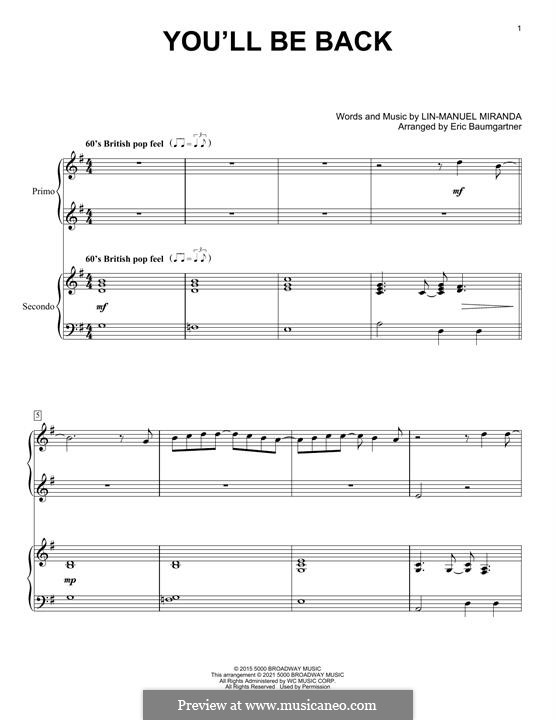 You'll Be Back (from 'Hamilton'): For piano four hands by Lin-Manuel Miranda