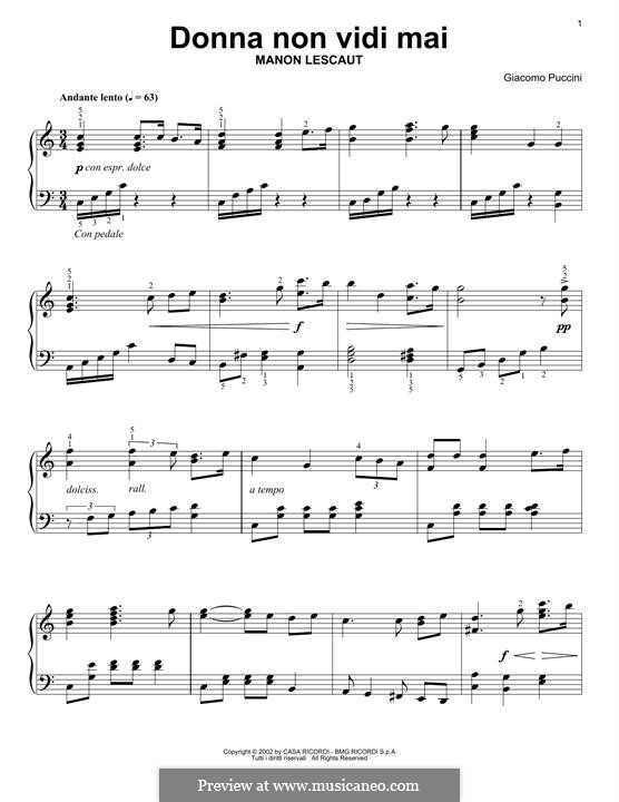Manon Lescaut : Donna non vidi mai, for piano by Giacomo Puccini