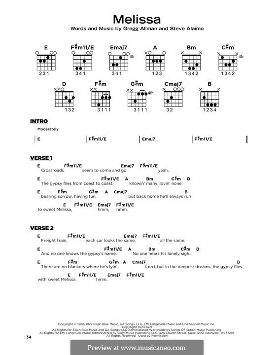 Melissa (The Allman Brothers Band): For lyrics and guitar chords by Gregg Allman, Steve Alaimo