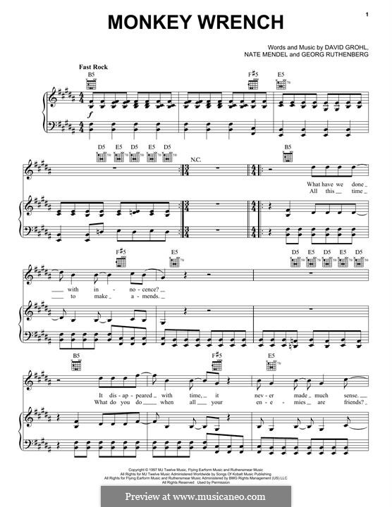 Monkey Wrench (Foo Fighters): For voice and piano (or guitar) by David Grohl, Nate Mendel, Pat Smear