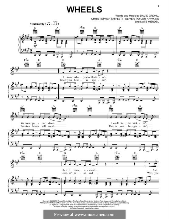 Wheels (Foo Fighters): For voice and piano (or guitar) by Christopher Shiflett, David Grohl, Nate Mendel, Taylor Hawkins