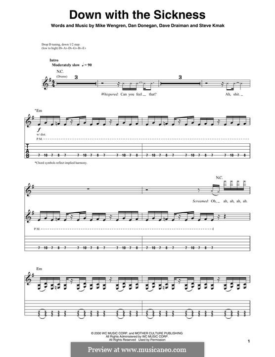 Down with the Sickness (Disturbed): For guitar by Dan Donegan, David Draiman, Mike Wengren, Steve Kmak