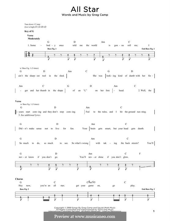 All Star (Smash Mouth): For bass guitar with tab by Gregory Camp