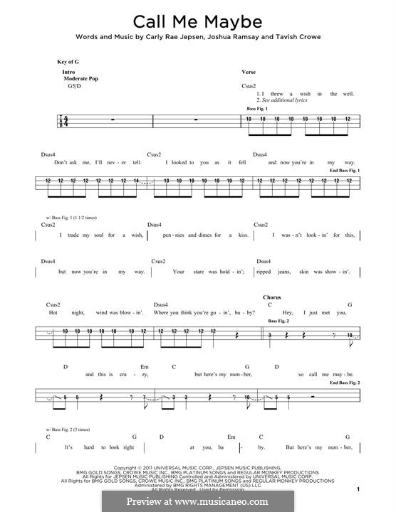 Call Me Maybe: For bass guitar by Carly Rae Jepsen, Joshua Ramsay, Tavish Crowe