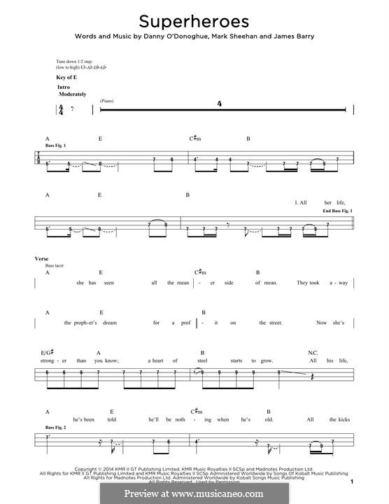 Superheroes (The Script): For bass guitar by Danny O'Donoghue, Mark Sheehan, James Barry