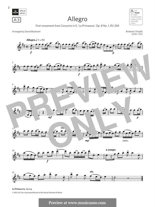Violin Concerto No.1 in E Major 'La primavera' (Printable Scores), RV 269: Movement 1 Allegro, for alto saxophone by Antonio Vivaldi