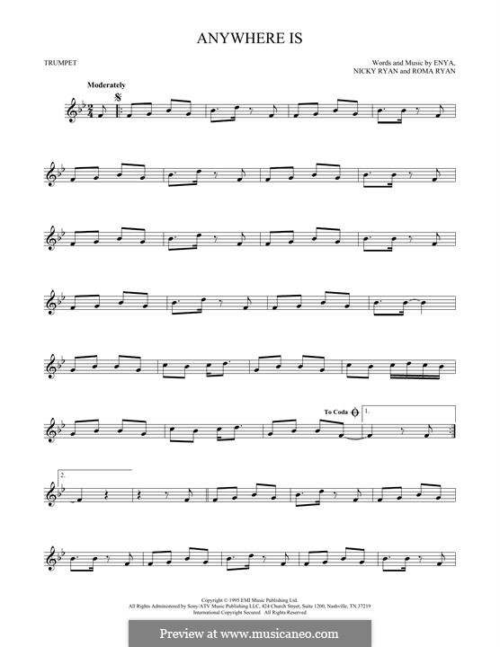 Anywhere Is (Enya): For trumpet by Nicky Ryan, Roma Ryan