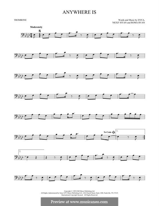 Anywhere Is (Enya): For trombone by Nicky Ryan, Roma Ryan