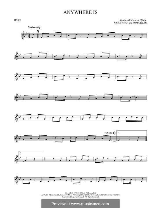 Anywhere Is (Enya): For horn by Nicky Ryan, Roma Ryan