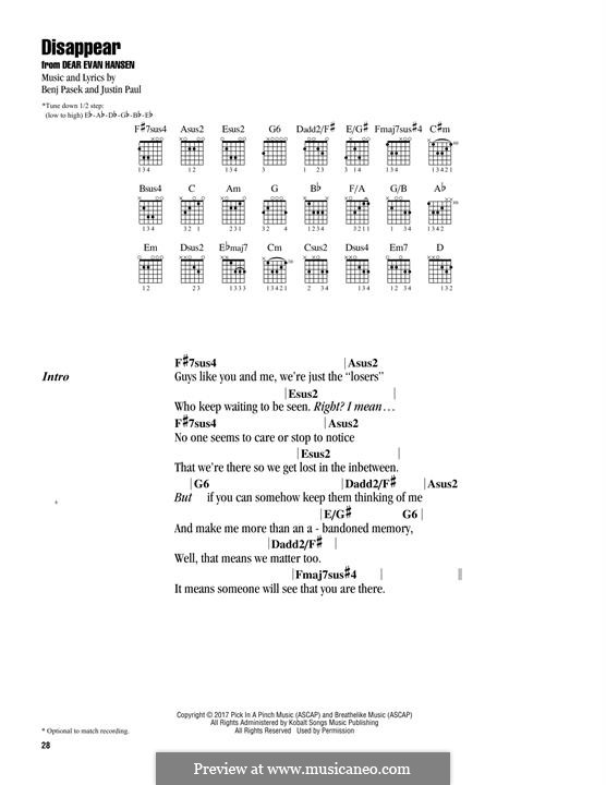 Disappear (from Dear Evan Hansen): Lyrics and guitar chords by Justin Paul, Benj Pasek