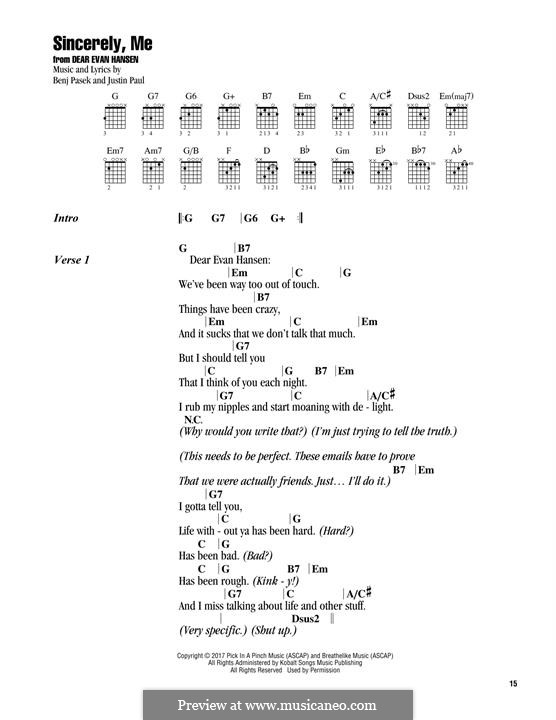 Sincerely, Me (from Dear Evan Hansen): Lyrics and guitar chords by Justin Paul, Benj Pasek