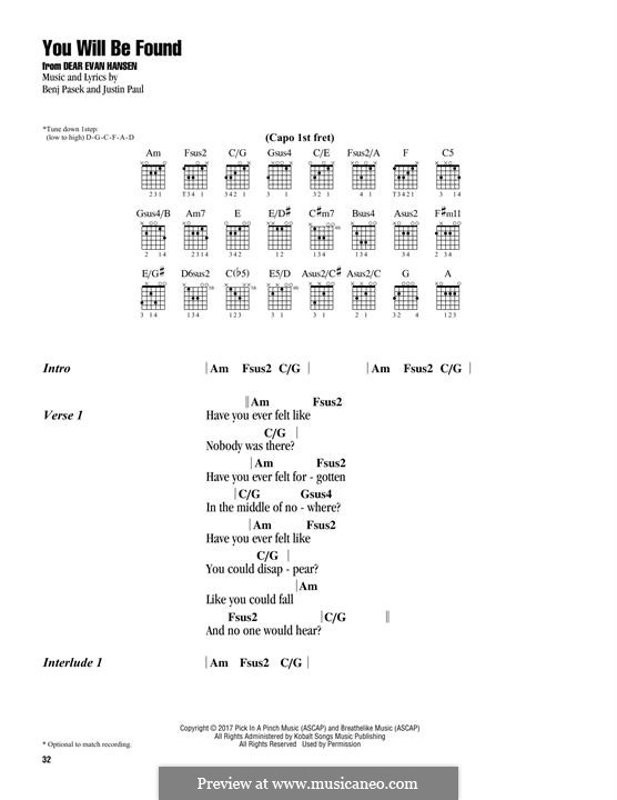 You Will Be Found (from Dear Evan Hansen): Lyrics and guitar chords by Justin Paul, Benj Pasek
