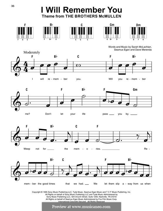 I Will Remember You (Theme from The Brothers McMullen): For easy piano by Dave Merenda, Sarah McLachlan, Seamus Egan