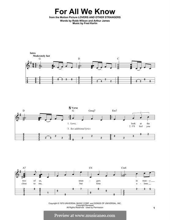 For All We Know (Carpenters): For ukulele by Fred Karlin, Jimmy Griffin, Robert Wilson