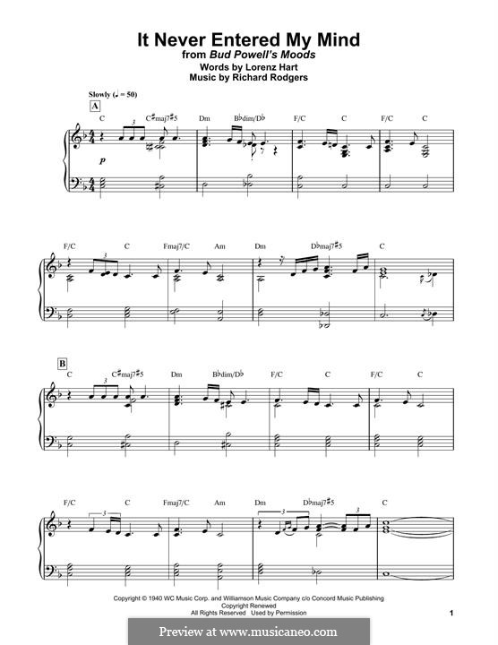 It Never Entered My Mind: For piano by Richard Rodgers