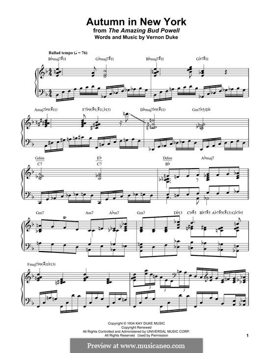 Autumn in New York: For piano by Vernon Duke