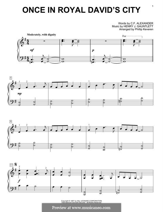 Once in Royal David's City (Printable scores): For piano by Henry John Gauntlett