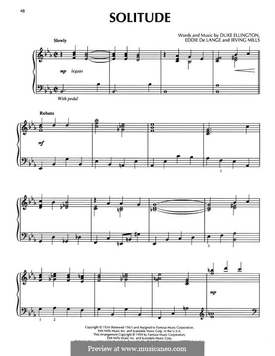 Solitude: For piano by Irving Mills, Duke Ellington, Eddie De Lange
