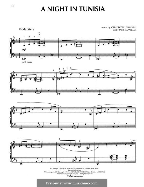 A Night In Tunisia: For piano by Dizzy Gillespie, Frank Paparelli