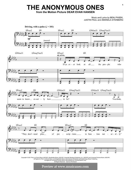 The Anonymous Ones (from Dear Evan Hansen): For voice and piano by Justin Paul, Benj Pasek