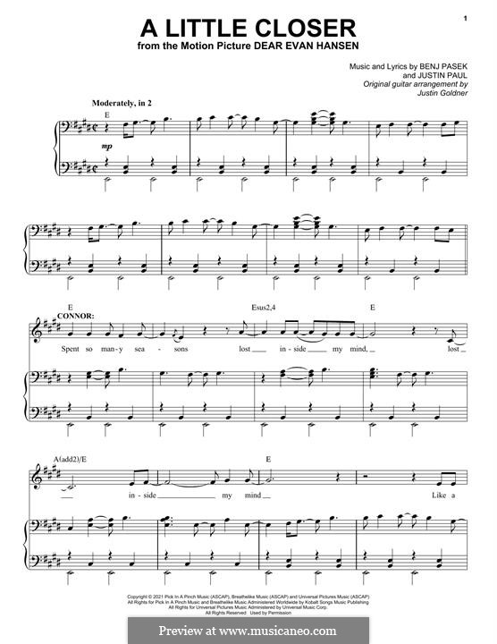 A Little Closer (from Dear Evan Hansen): For voice and piano by Justin Paul, Benj Pasek