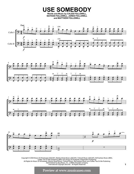 Use Somebody (Kings of Leon): For two cellos (2Cellos) by Anthony Caleb Followill, Jared Followill, Matthew Followill, Nathan Followill